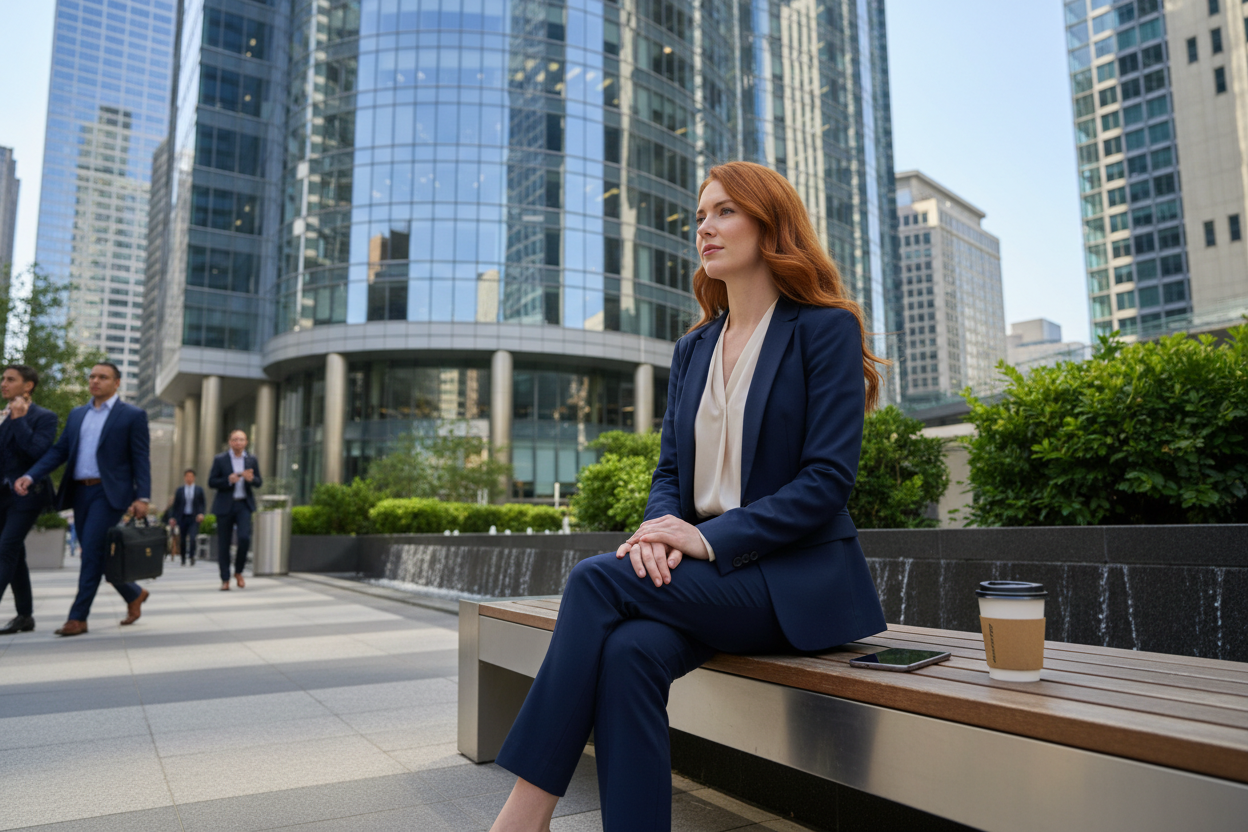 chica pelirroja sentada en un banco cerca de un edificio de negocios